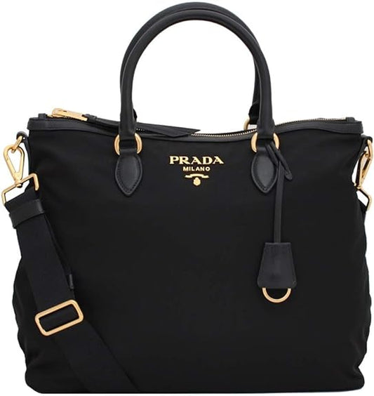 Prada Tessuto Nylon Tote Crossbody Bag - Versatile Two Way Black Tote with Calf Leather Trim | Luxury Gift for Women | Elegant Handbag for Everyday Use and Special Occasions