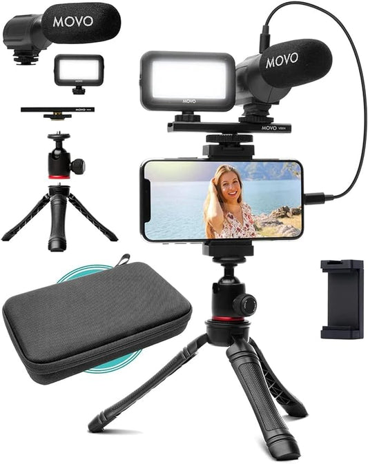 Movo iVlogger iPhone Vlogging Kit - Complete YouTube Starter Pack for Content Creators | Includes Tripod, LED Light, Phone Mount, and Shotgun Microphone | Lightning Compatible