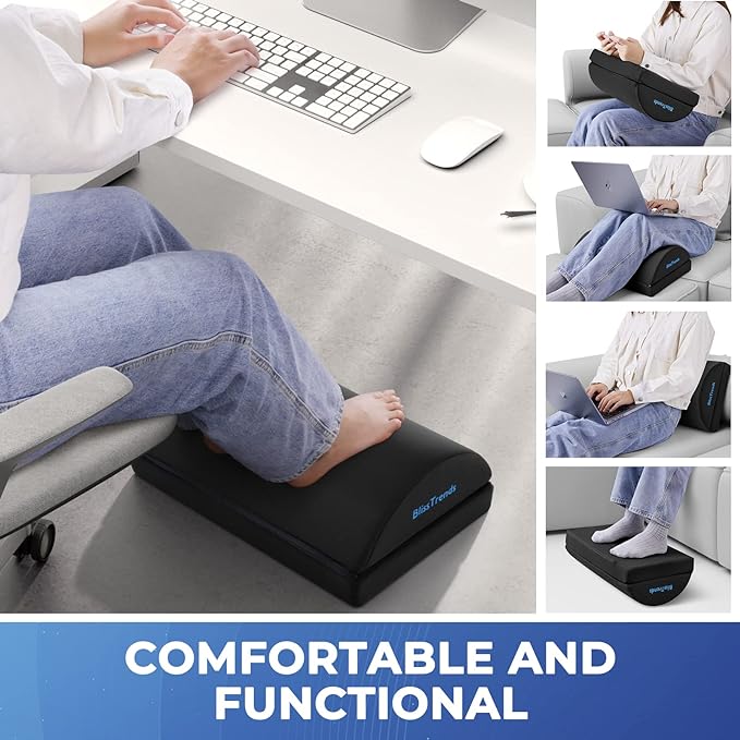 Ergonomic Foot Rest for Under Desk - Adjustable Height Foot Stool with Washable Cover | Comfortable Office Footrest for Back, Lumbar, Knee Pain Relief | Ideal for Home, Office, Car - Black