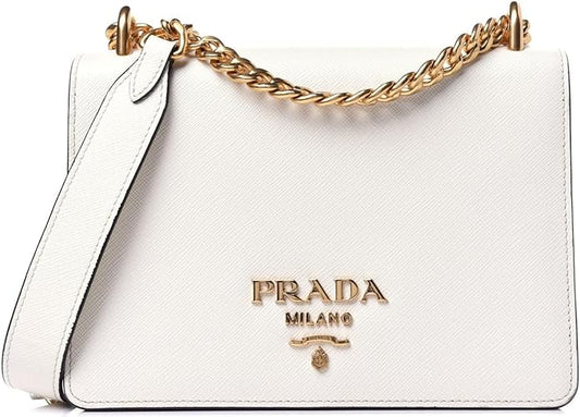 Prada Bianco Saffiano Leather Crossbody Bag - Elegant White & Black Chain Purse | Perfect Luxury Gift for Women | Stylish Designer Handbag for All Occasions